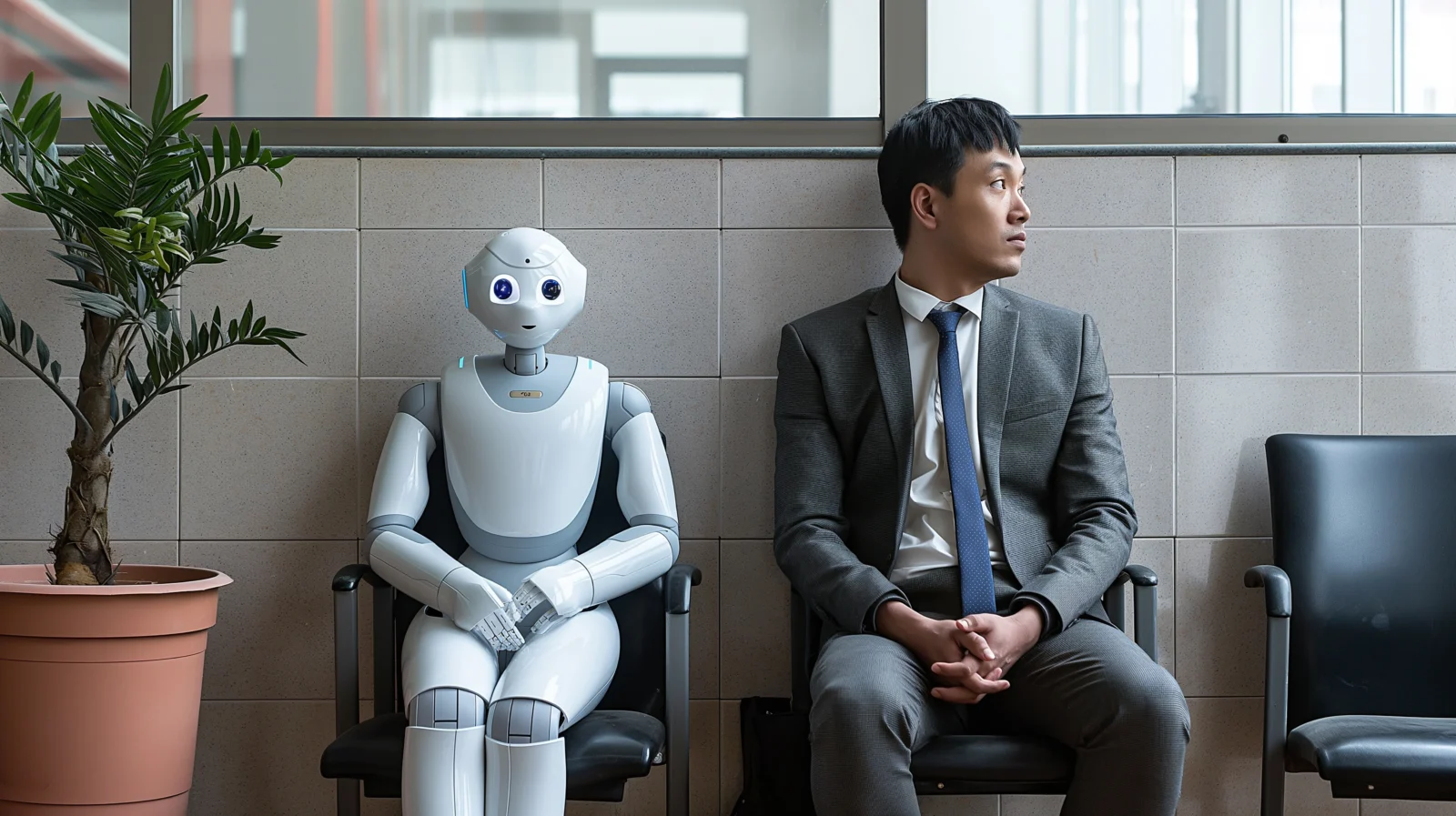 man and robot sitting together